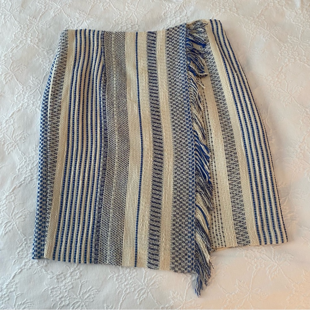 Halogen Women's Multicolored Skirt Size 4 wrap A-line woven Fringe Blue white